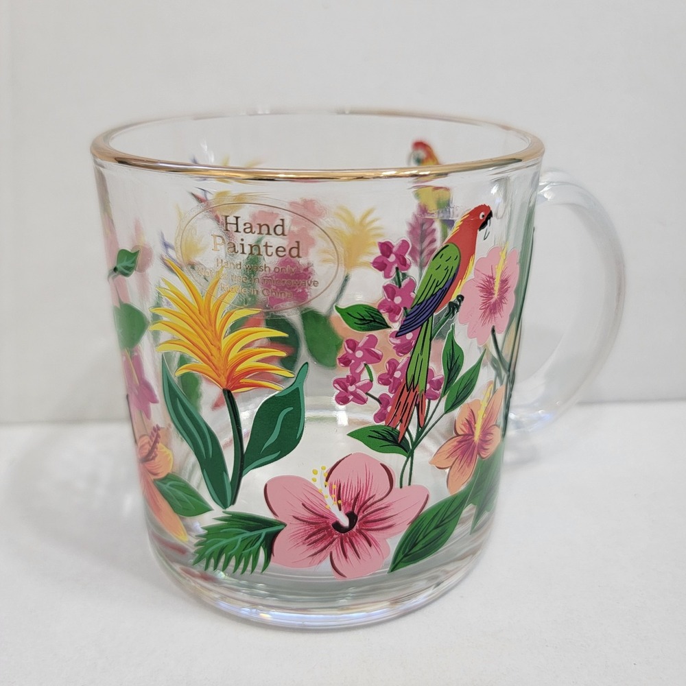 NEW! Hand Painted Clear Large Coffee Tea Mug‎ Oversized Parrot Florals Gold Trim